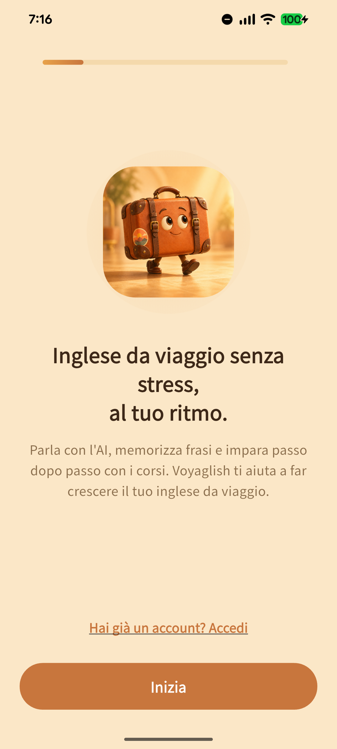 Schermata di onboarding di Voyaglish